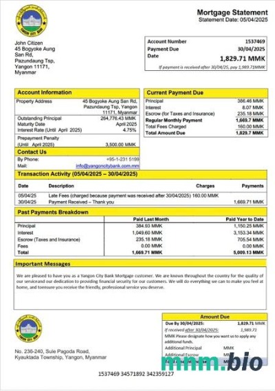Myanmar Yangon City Bank wyciąg z kredytu hipotecznego szablon Word i PDF